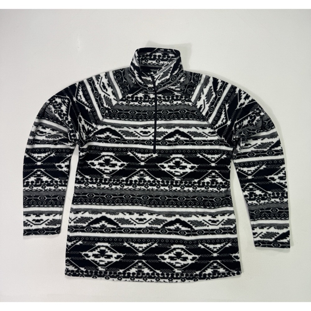 Eddie Bauer Women Fleece 1/4 Zip Large White Black Aztec Fair Isle Cabin Outdoor